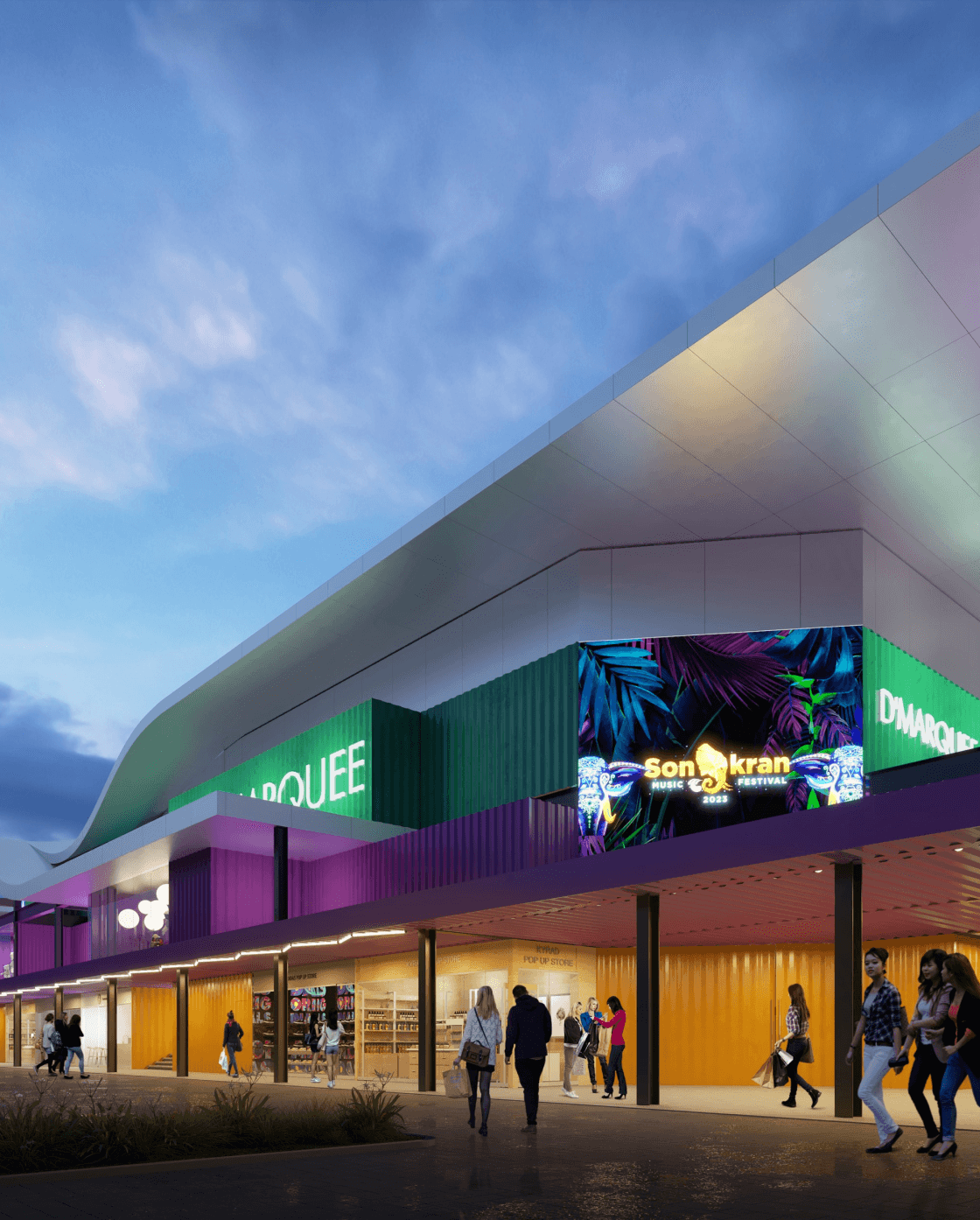 D'Marquee 2.0 exterior with corrugated steel facade inspired by shipping containers