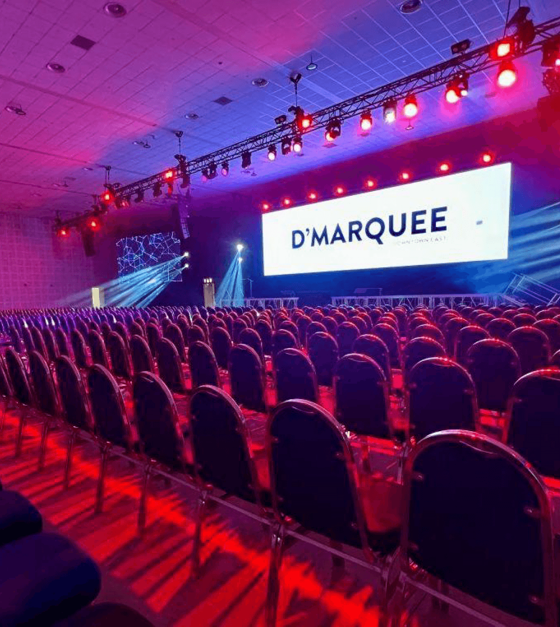 D'Marquee 2.0 versatile interior layout showing theatre, classroom and banquet configurations